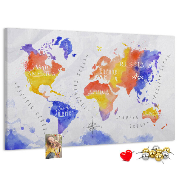 Tablero de anuncios mapa del mundo con diseño de acuarela colorida