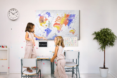 Tablero de anuncios mapa del mundo con diseño de acuarela colorida
