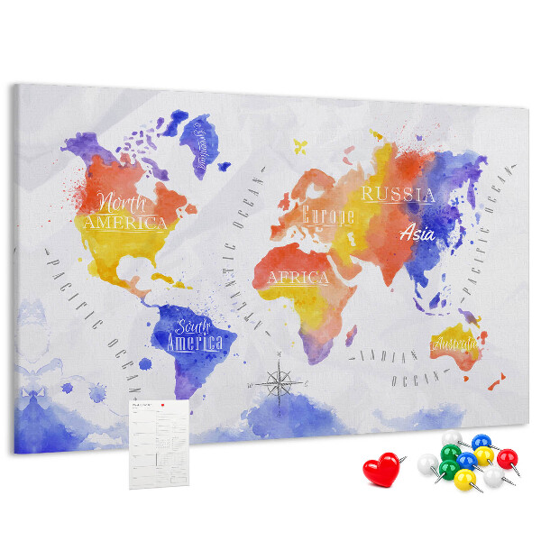 Tablero de anuncios mapa del mundo con diseño de acuarela colorida