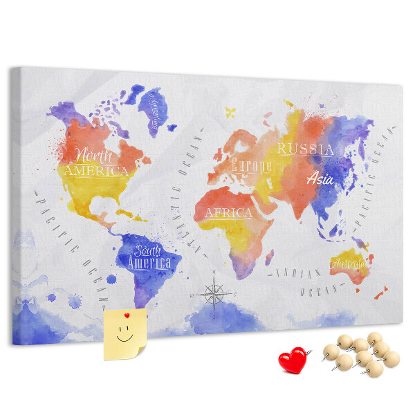 Tablero de anuncios mapa del mundo con diseño de acuarela colorida