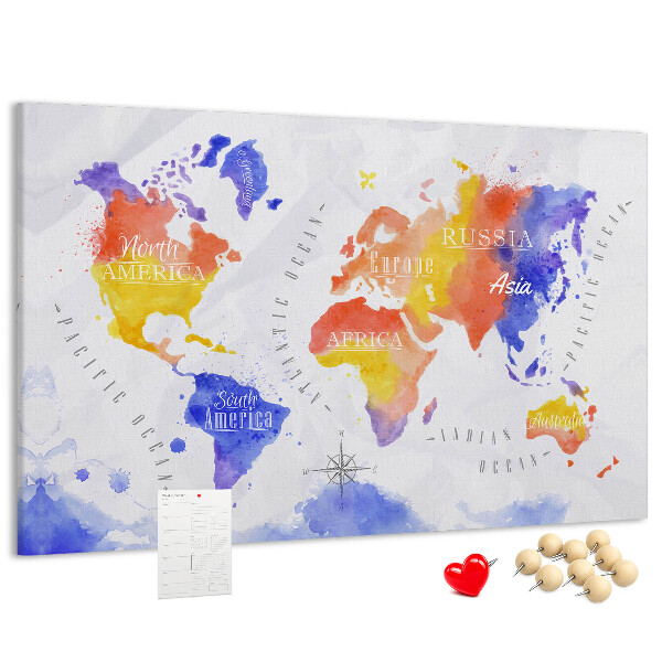 Tablero de anuncios mapa del mundo con diseño de acuarela colorida