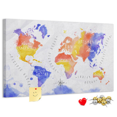 Tablero de anuncios mapa del mundo con diseño de acuarela colorida