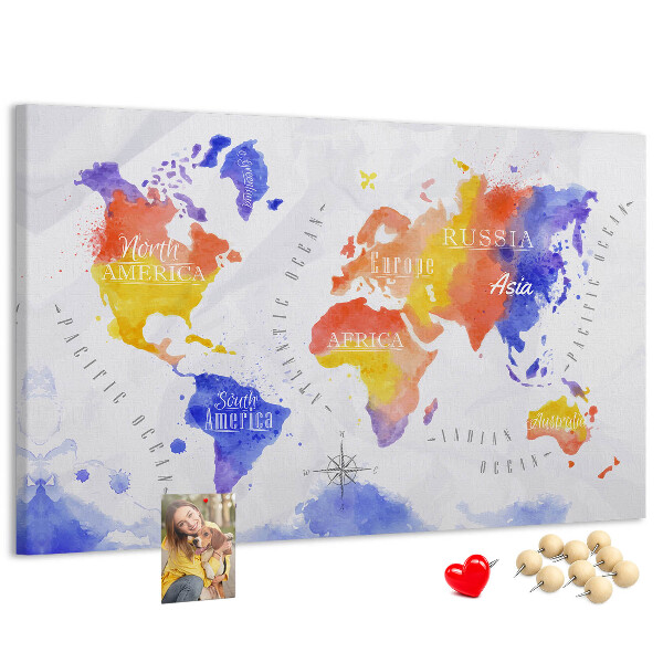 Tablero de anuncios mapa del mundo con diseño de acuarela colorida