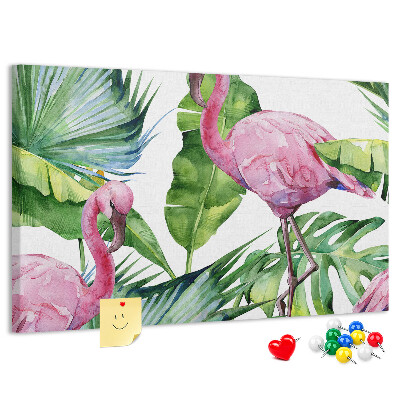 Pizarra de corcho Flamencos rosas en un entorno tropical
