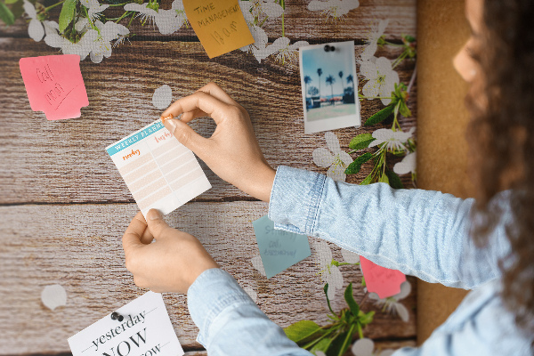 Tablero de anuncios flores sobre un fondo de tabla de madera