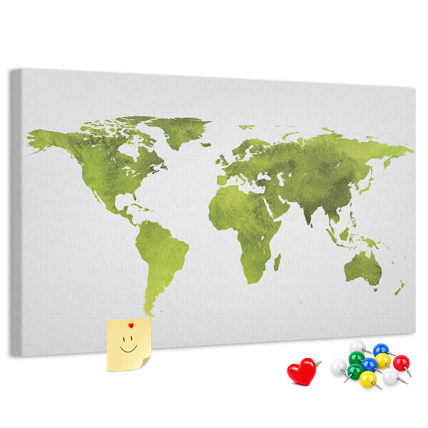 Tablero de corcho decorado mapa del mundo con diseño de acuarela verde