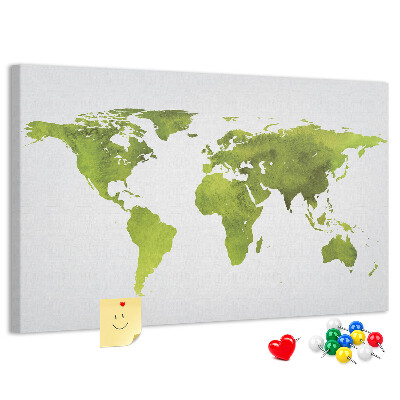 Tablero de corcho decorado Mapa del mundo verde con efecto acuarela