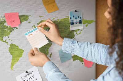 Tablero de corcho decorado mapa del mundo con diseño de acuarela verde