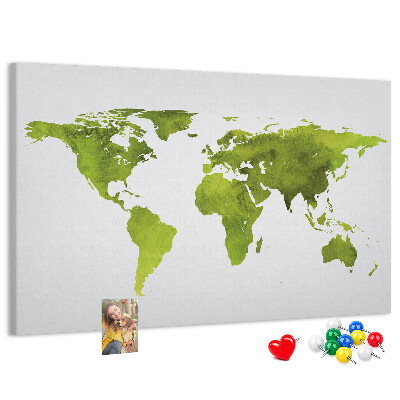 Tablero de corcho decorado mapa del mundo con diseño de acuarela verde