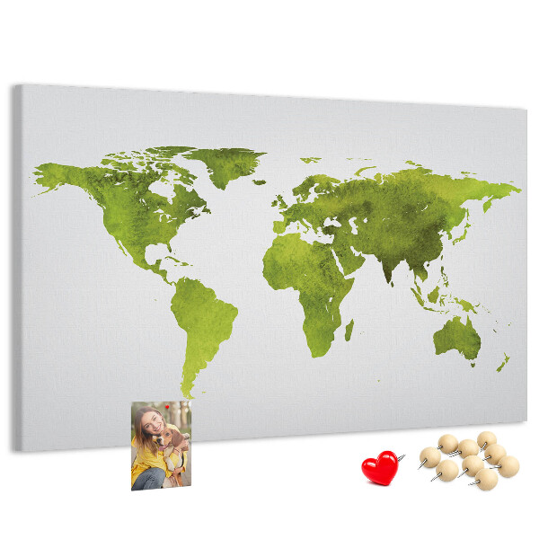 Tablero de corcho decorado mapa del mundo con diseño de acuarela verde