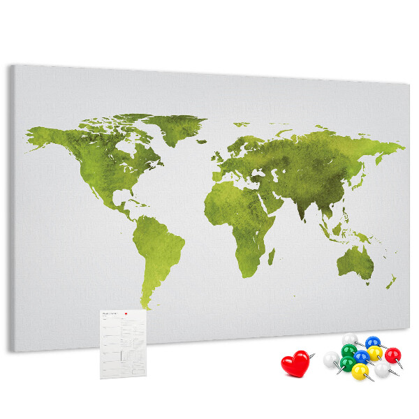 Tablero de corcho decorado mapa del mundo con diseño de acuarela verde
