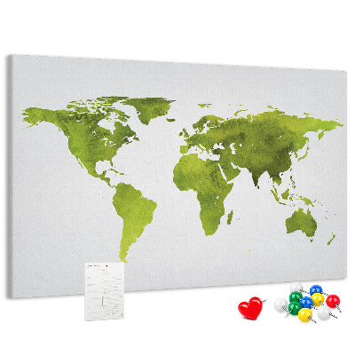 Tablero de corcho decorado mapa del mundo con diseño de acuarela verde
