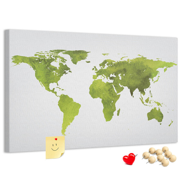 Tablero de corcho decorado mapa del mundo con diseño de acuarela verde