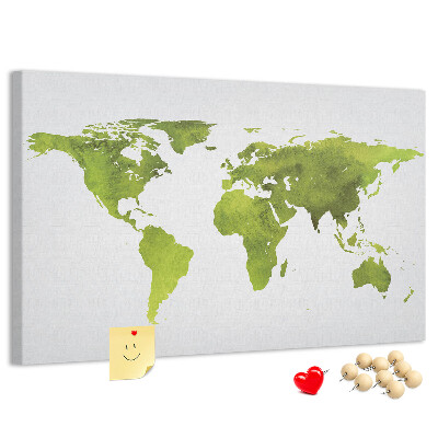 Tablero de corcho decorado mapa del mundo con diseño de acuarela verde