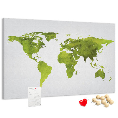 Tablero de corcho decorado mapa del mundo con diseño de acuarela verde