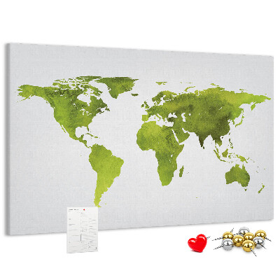 Tablero de corcho decorado mapa del mundo con diseño de acuarela verde