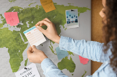 Tablero de corcho decorado mapa del mundo con diseño de acuarela verde