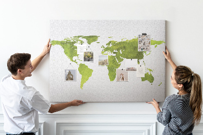 Tablero de corcho decorado mapa del mundo con diseño de acuarela verde