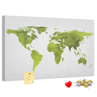 Tablero de corcho decorado mapa del mundo con diseño de acuarela verde