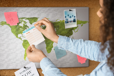 Tablero de corcho decorado mapa del mundo con diseño de acuarela verde