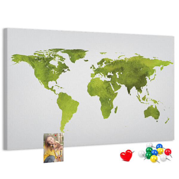 Tablero de corcho decorado mapa del mundo con diseño de acuarela verde
