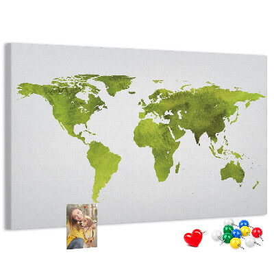 Tablero de corcho decorado mapa del mundo con diseño de acuarela verde
