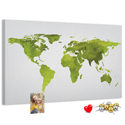 Tablero de corcho decorado mapa del mundo con diseño de acuarela verde