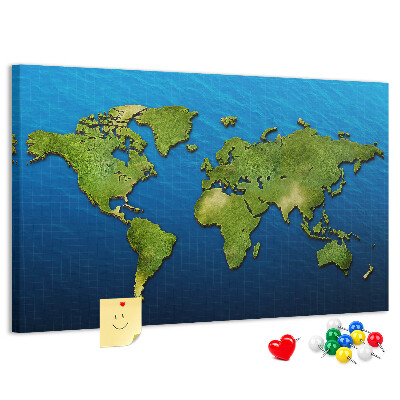 Tablero de anuncios Mapa del mundo verde con el océano al fondo.
