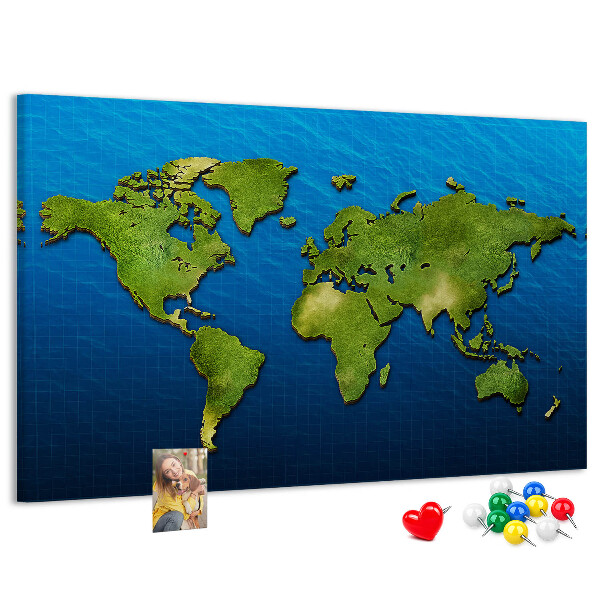 Tablero de anuncios mapa del mundo en color verde con diseño de océano al fondo