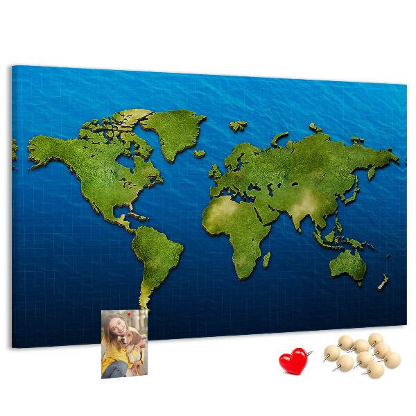 Tablero de anuncios mapa del mundo en color verde con diseño de océano al fondo