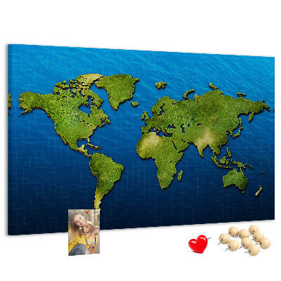 Tablero de anuncios mapa del mundo en color verde con diseño de océano al fondo