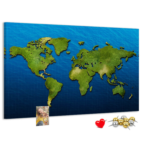 Tablero de anuncios mapa del mundo en color verde con diseño de océano al fondo