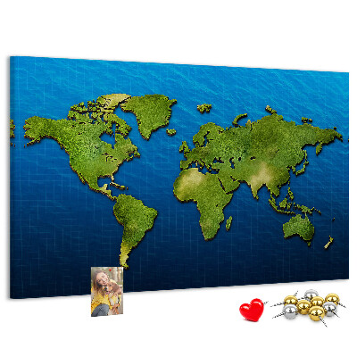Tablero de anuncios mapa del mundo en color verde con diseño de océano al fondo