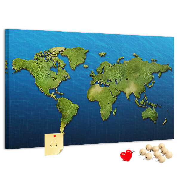 Tablero de anuncios mapa del mundo en color verde con diseño de océano al fondo