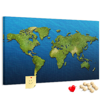 Tablero de anuncios mapa del mundo en color verde con diseño de océano al fondo