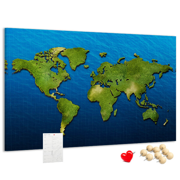 Tablero de anuncios mapa del mundo en color verde con diseño de océano al fondo