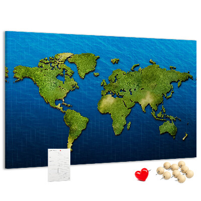 Tablero de anuncios mapa del mundo en color verde con diseño de océano al fondo