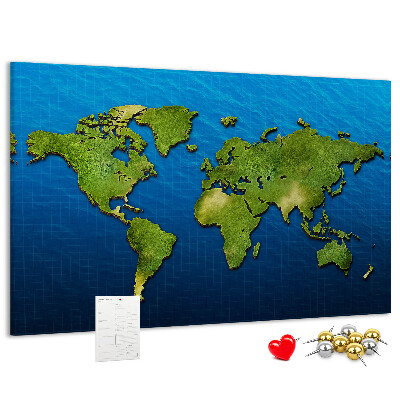 Tablero de anuncios mapa del mundo en color verde con diseño de océano al fondo