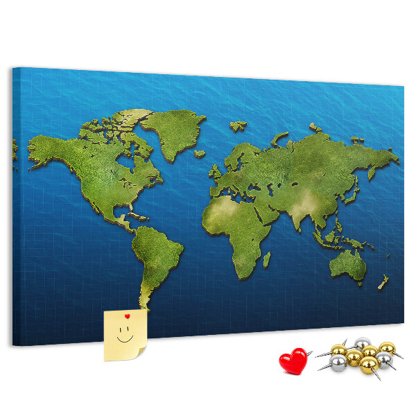 Tablero de anuncios mapa del mundo en color verde con diseño de océano al fondo