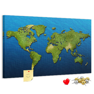 Tablero de anuncios mapa del mundo en color verde con diseño de océano al fondo