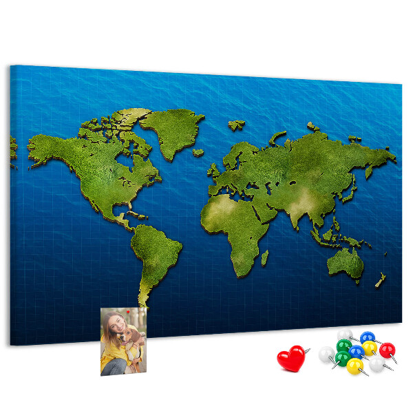 Tablero de anuncios mapa del mundo en color verde con diseño de océano al fondo