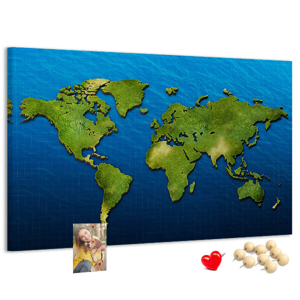 Tablero de anuncios mapa del mundo en color verde con diseño de océano al fondo