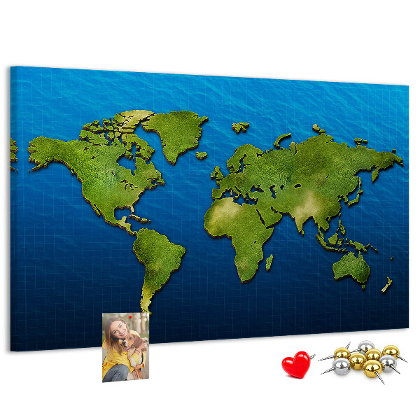Tablero de anuncios mapa del mundo en color verde con diseño de océano al fondo