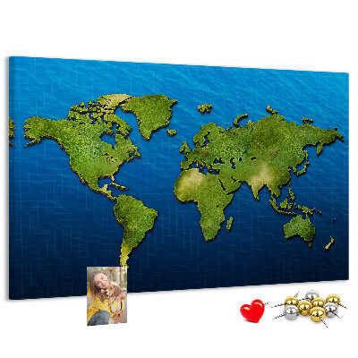 Tablero de anuncios mapa del mundo en color verde con diseño de océano al fondo