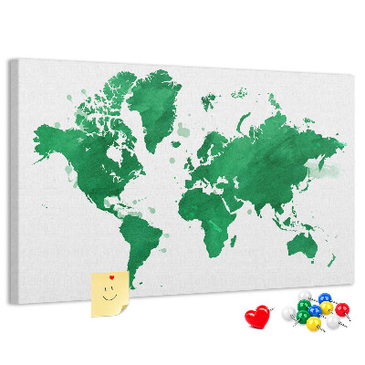 Pizarra de corcho Mapa del mundo en acuarela verde