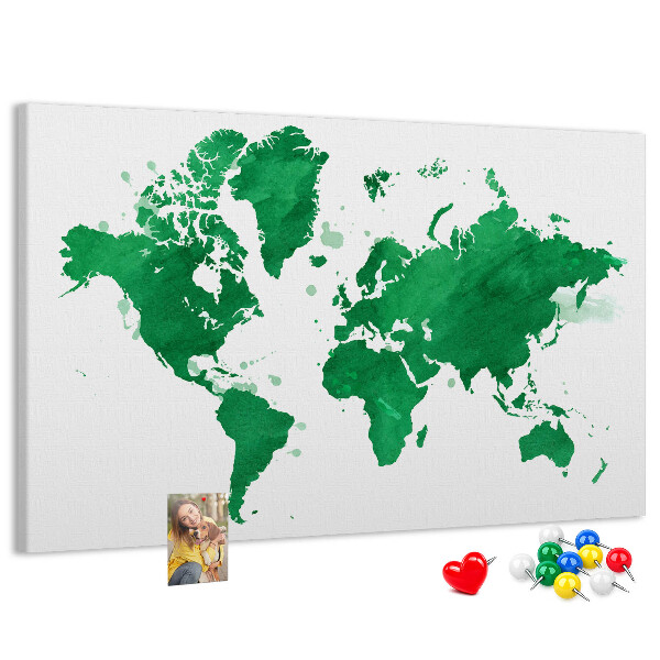 Pizarra de corcho mapamundi con diseño de acuarela verde