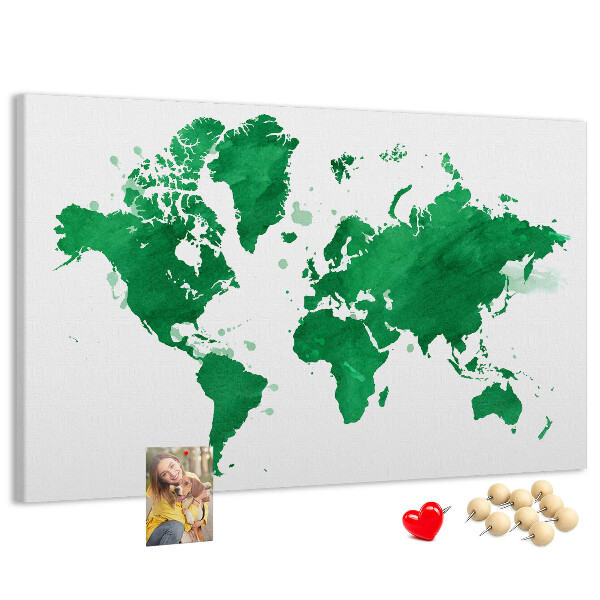 Pizarra de corcho mapamundi con diseño de acuarela verde