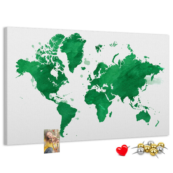 Pizarra de corcho mapamundi con diseño de acuarela verde