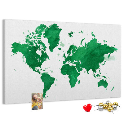 Pizarra de corcho mapamundi con diseño de acuarela verde