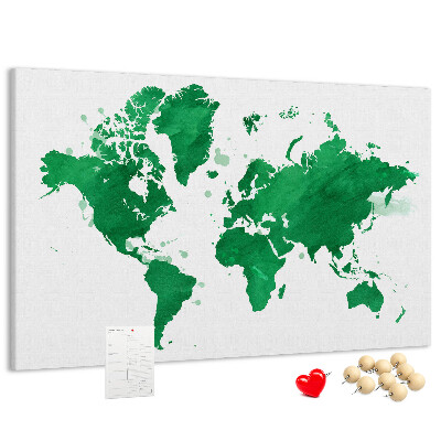 Pizarra de corcho mapamundi con diseño de acuarela verde
